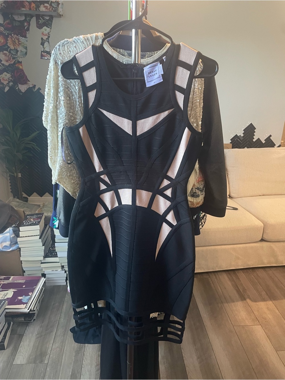 Herve Leger Black and Nude Geometric Bandage Mini Dress